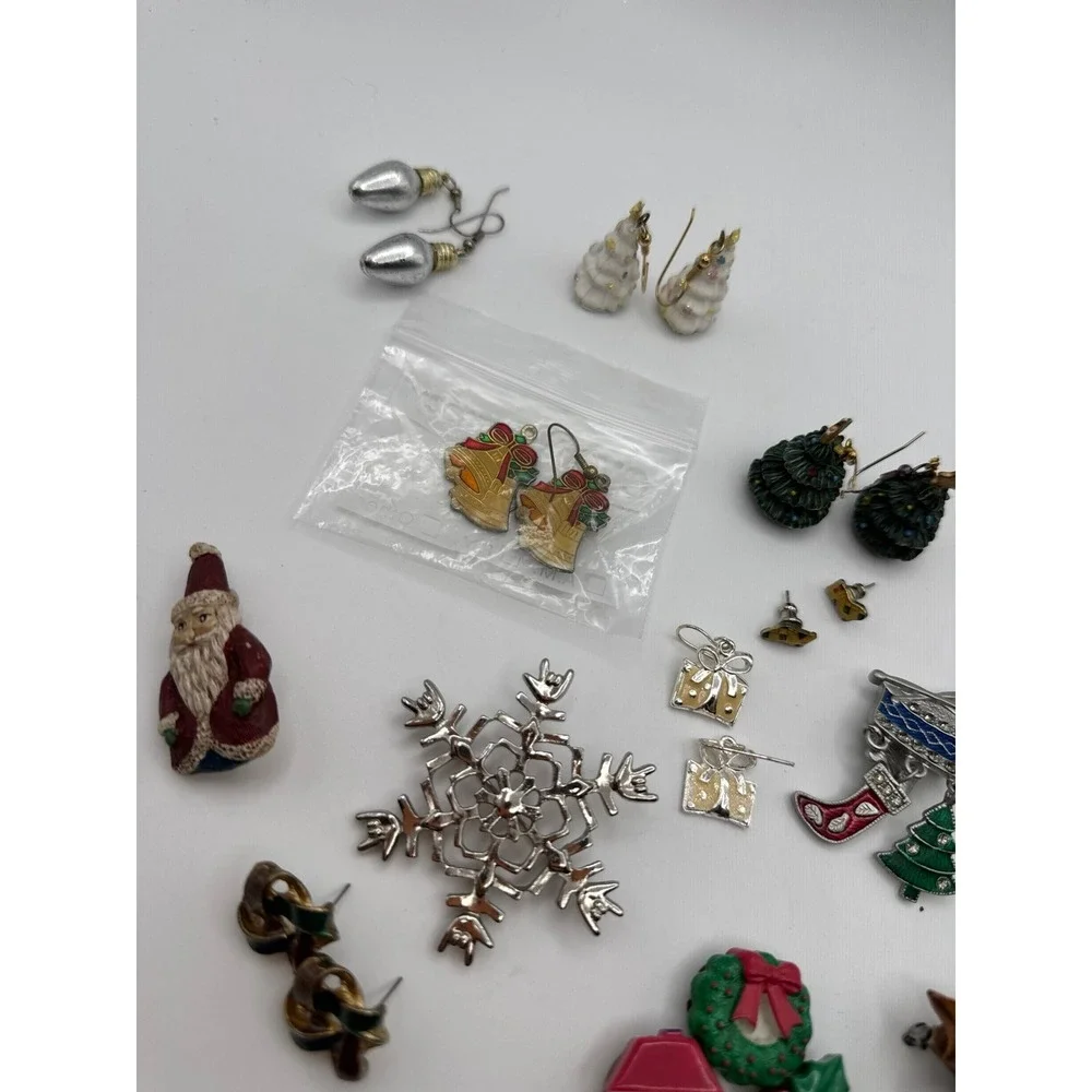 Lot of Christmas jewelry - modern and vintage earrings pins button covers brooch